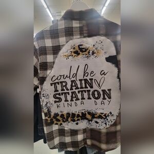 Recycled "Train Station Kind Of Day" Plaid Flannel Shirt Size Med